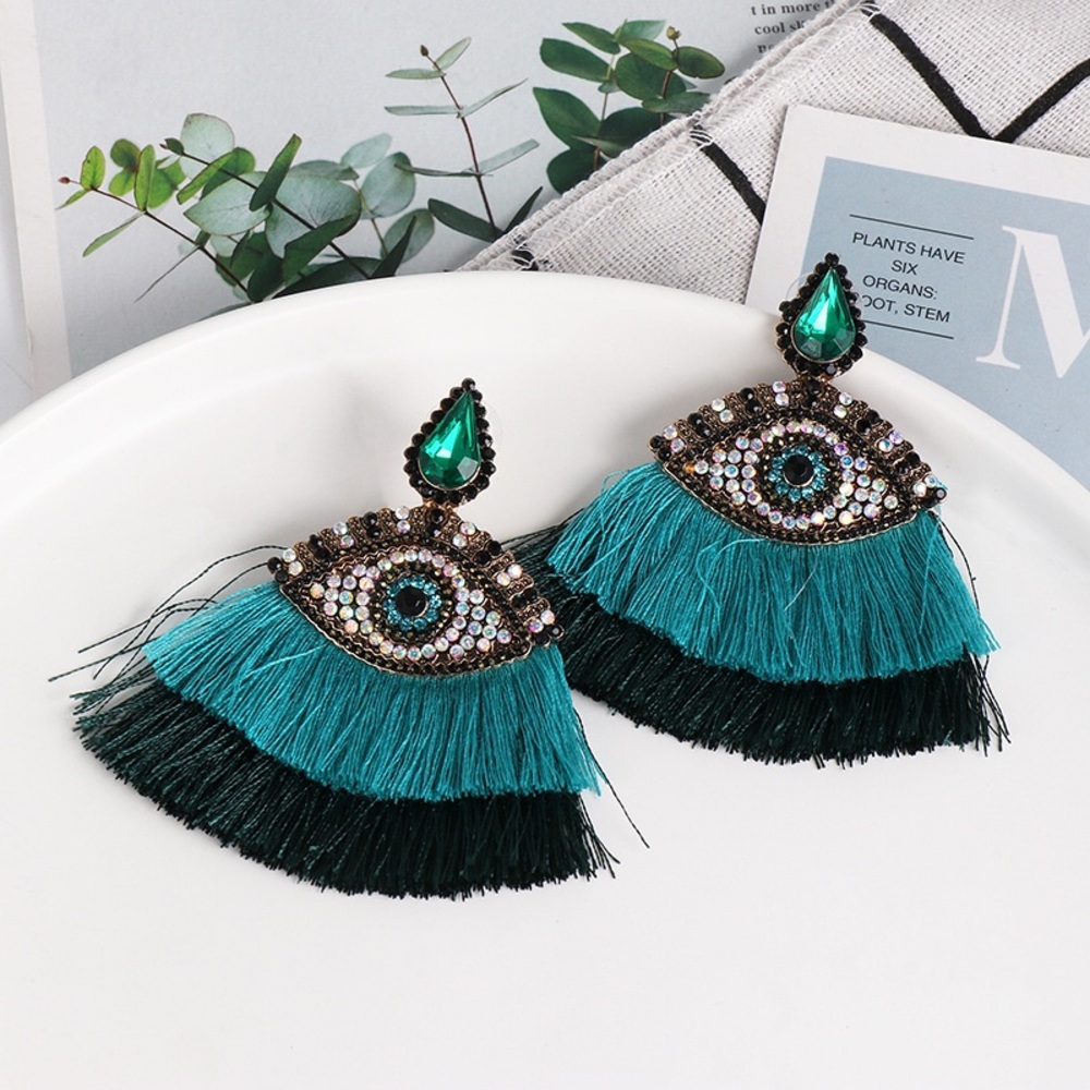 Evil Eye teal tassel rhinestone Earrings